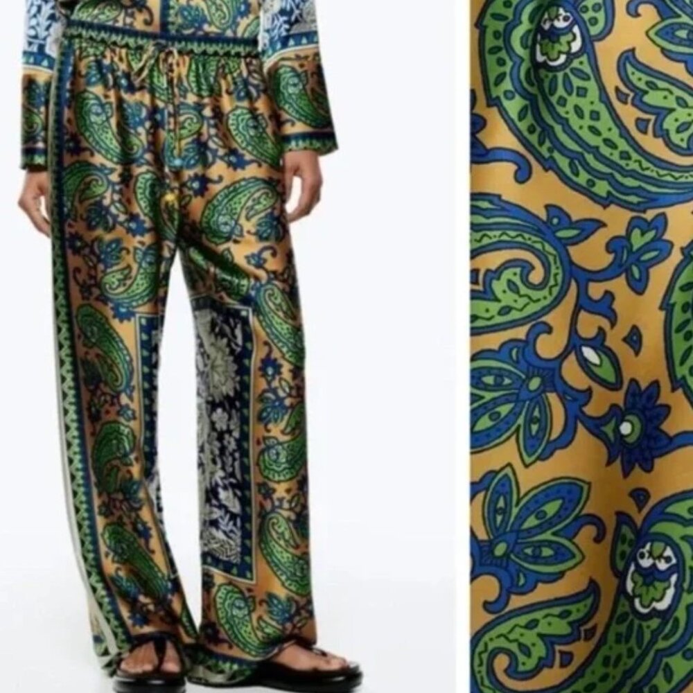 ZARA Printed Pajama Pants, Multicolor Green Paisley, Size XS